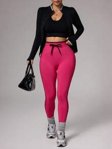 SHEIN Core Rhythm Casual Versatile Contrast Color Black Waist Rope Slimming Black Line Design Sports Leggings - Multicolor - View 7