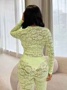 Glyssa 女款夏季復古透視套裝，綠色蕾絲前開襟荷葉邊長袖上衣 + 針織修身七分褲 - 薄荷綠 - 查看 2