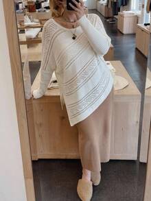 Freevana Plus Size Batwing Long Sleeve Asymmetric White Pointelle Knit Sweater With Slouchy Neck Ribbed Cuffs Diagonal Hem For Autumn Formal Vacation Bohemian - White - View 4