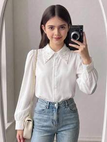 SHEIN 兒童青少年女孩秋冬休閒學院風精緻珠飾大領長袖鈕扣襯衫 白色兒童襯衫 返校季小學校服上衣 - 白色 - 查看 8