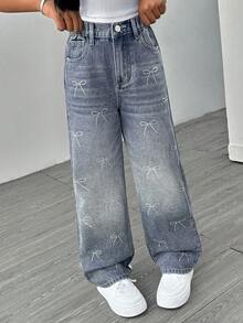 Tween Girls Vintage Distressed Flare Jeans With Bow Rhinestone Decor, Casual Washed Denim Pants - Medium Wash - View 5