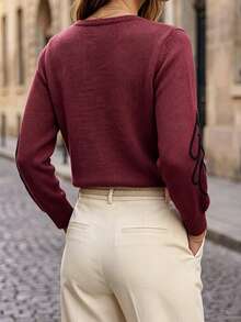 Linhara CURVE Plus Size Pullover Sweater, Solid Color Knit With Embroidery, Casual Elegant Autumn/Winter Sweater, Suitable For Back To School, Romantic Vacation, Office, Daily Commute - Burgundy - View 2