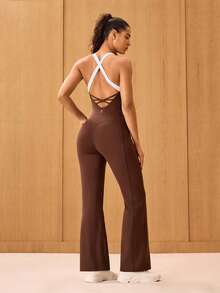 OutZeal Women Sports Jumpsuit Casual Yoga Gym Cool Touch UV Protection Bra-In With Removable Pads Crossover Back Flared Leg One-Piece Summer Spring - Brown - View 7