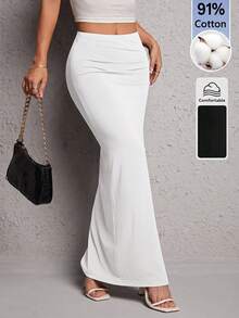 SHEIN PETITE Women's Solid Color Slit Design Casual Sexy Versatile Daily Wear Skirt Everyday Going Out White Summer - White - View 5