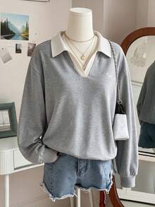 INAWLY 女款韓式百搭刺繡拼色長袖運動衫，學院風 - 淺灰色 - 查看 1