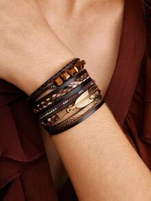 Nocturel 1pc Leather Cuff Bracelet Multilayer Wrap Bracelet Crystal Artificial Feather Bangle With Magnetic Clasp For Women - Brown - View 5