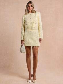 Enchnt Premium Pre-Fall Romantic Women's Elegant Pale Yellow Tweed Frayed Pearl Buttons Jacket,Office Outfits For Women,Going Out Outfits,Social - Yellow - View 5