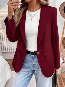 SHEIN LUNE 2024秋冬新款灰綠色女款收腰鈕扣西裝外套，休閒風 - 中紫紅色 - 查看 6