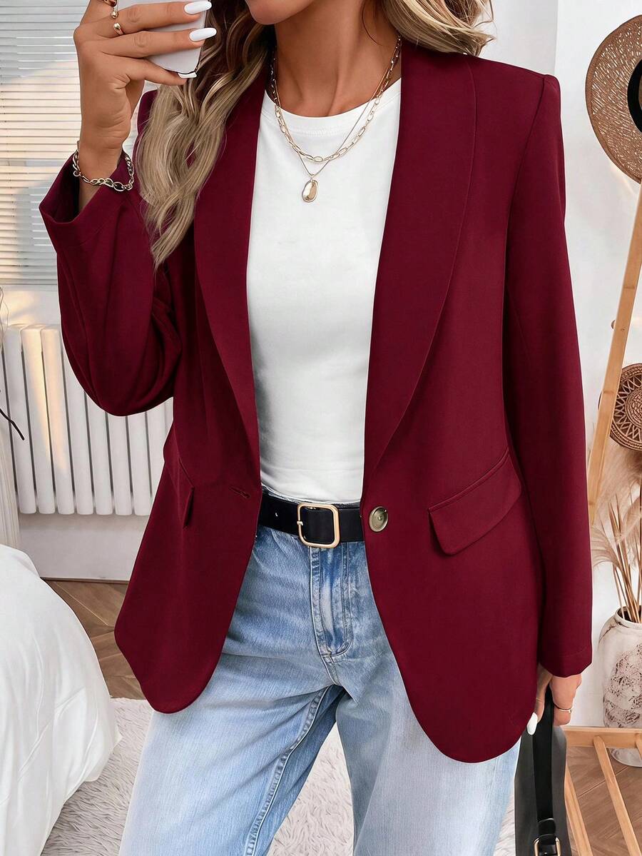 SHEIN LUNE 2024 Autumn/Winter New Arrival Grey-Green Women Waist-Cinched Buttoned Blazer,Casual - Red Violet - View 1