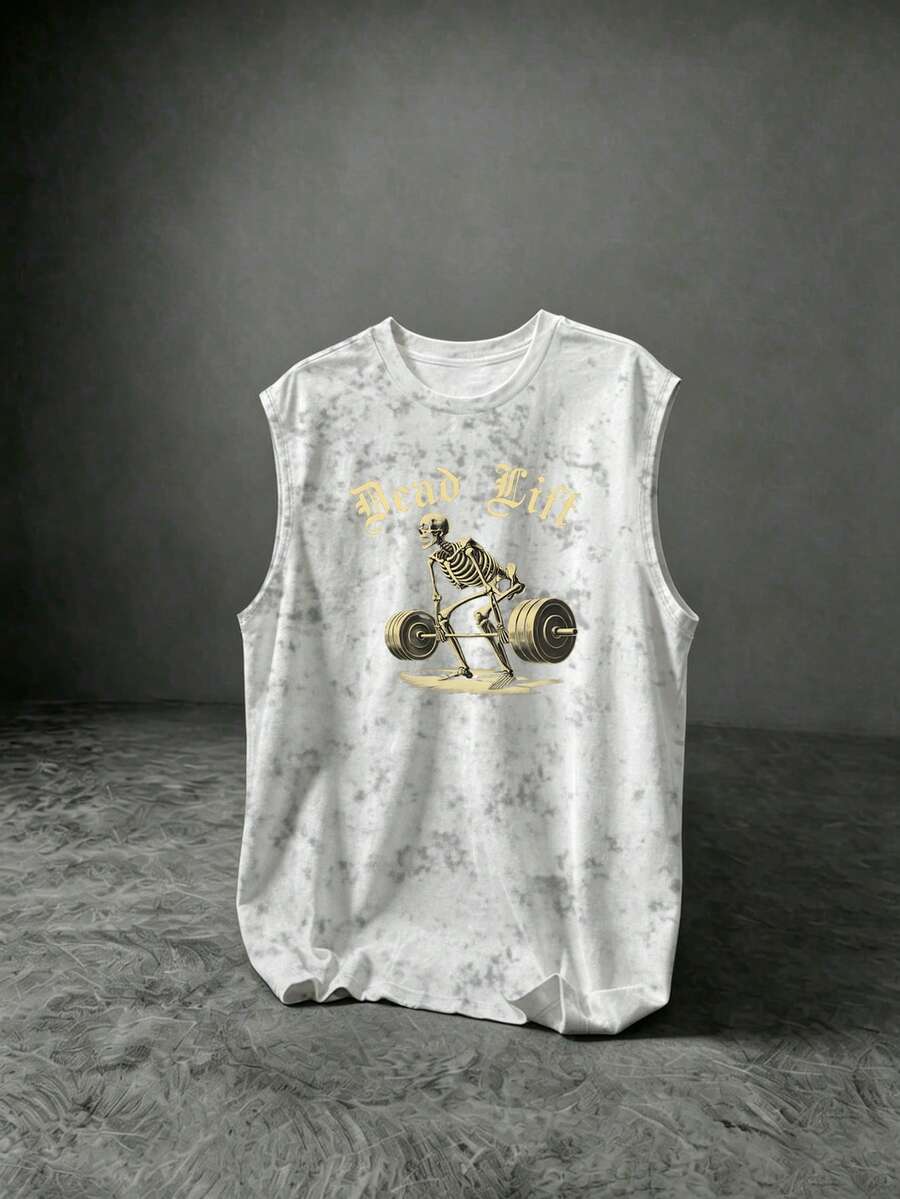 GymRaken Men's Letter & Skeleton Print Daily Fitness Sports Tank Top, Gym - White - View 1
