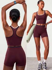 Zivah Women's Cropped Top And High Waist Shorts Set - Colorblock Casual Sports Outfit For Fitness Workout Year Round - Burgundy - View 2