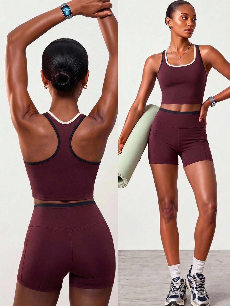 Zivah Women's Cropped Top And High Waist Shorts Set - Colorblock Casual Sports Outfit For Fitness Workout Year Round