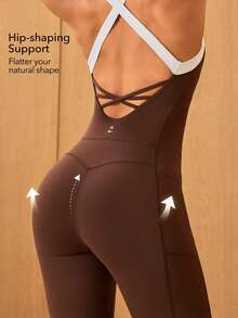 OutZeal Women Sports Jumpsuit Casual Yoga Gym Cool Touch UV Protection Bra-In With Removable Pads Crossover Back Flared Leg One-Piece Summer Spring - Brown - View 2