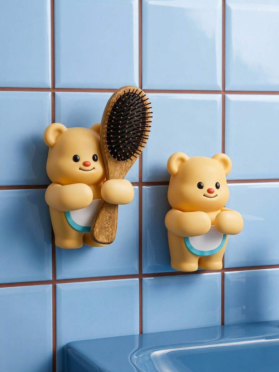 Joivida 1pc Cute Bear Wall-Mounted Razor & Comb Holder, No-Drill Bathroom Storage Rack, Adhesive Organizer For Shower Sink Vanity - Multicolor - View 1