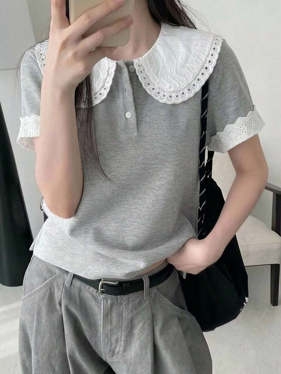 DAZY Women's French Embroidery Hollow Button Half-Placket T-Shirt School White Summer Cute Preppy Casual - Grey - View 1