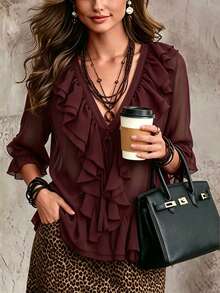 SHEIN Fiorisel Solid Ruffle Trim V-Neck Tie Front Sheer Chiffon Blouse With Flare Sleeves - Burgundy - View 7
