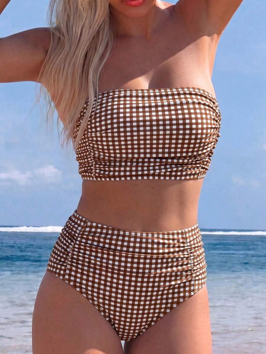 Swim Vcay Strapless Bandeau Style: Strapless Design, Perfect For Showcasing Shoulders And Neckline For A More Delicate And Slimming Look. Full Body Ruched Design: Large-Scale Horizontal Ruching At The Chest And Waist, Providing A Natural Gathering Effect And Subtle Shaping For The Bust. High-Waist Triangle Bikini Bottoms, Suitable For Beach Vacations And Pool. - Multicolor - View 1