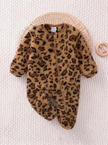 SHEIN 新生女嬰豹紋毛絨休閒日常穿著連身衣 - 棕色 - 查看 5