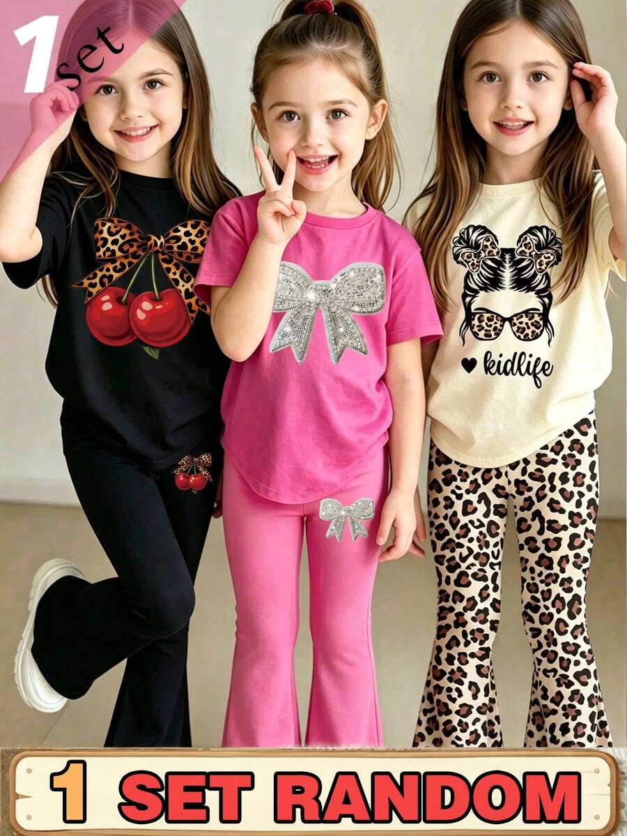 Blind Box Random Set, Spring/Summer/Autumn Girls Young Creative Personalized Leopard Print Cherry Bow Cartoon Character Graphic Glitter Bow Pattern Print Casual Basic Short T-Shirt And Flared Pants Set, Sets - Multicolor - View 1