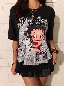 Betty Boop x SHEIN Women's Letter & Cartoon Print Casual Versatile Everyday T-Shirt - Black - View 7