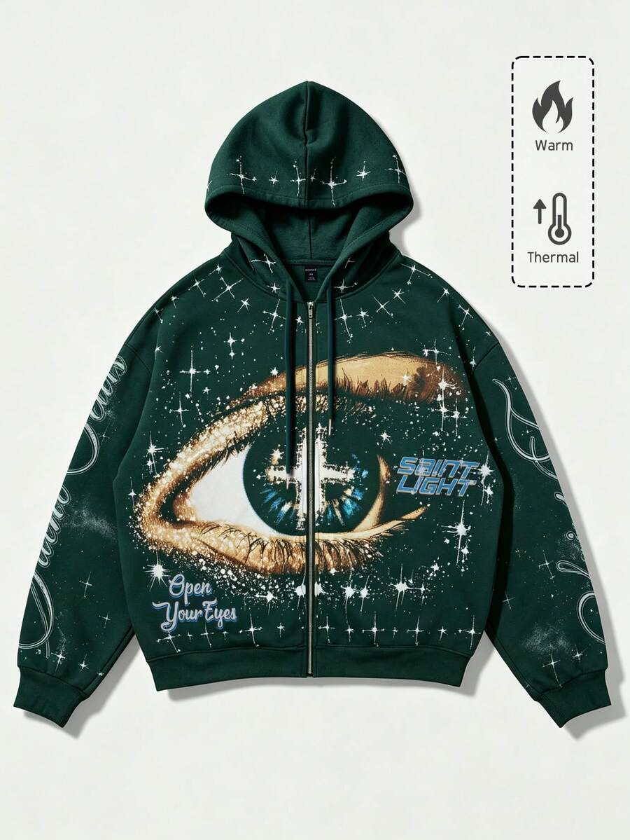 ROMWE MEN Street Life Men's Eye Print Long Sleeve Zip-Up Hoodie With Drawstring - Green - View 1