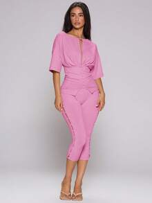 MUSERA Lime Green Button Through Wide Sleeve Open Front Top - Pink - View 5