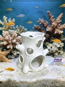 1件裝白色樹樁魚缸躲藏屋，水族造景裝飾魚蝦繁殖躲藏洞穴，創意樹洞設計附多個開口方便進出，為觀賞魚提供安全感並減壓 - A - 查看 1
