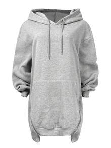 SHEIN Sweatshirt Hoodie Kasual Ukuran Besar dengan Resleting dan Detail Hem, Musim Gugur/Dingin - Light Grey - View 3