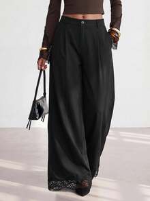 Zivah Women's Solid Color Pocket Pleated Casual Classy Elegant Versatile Wide Leg Pants For Daily Wear Dinner Office Black Autumn - Black - View 12