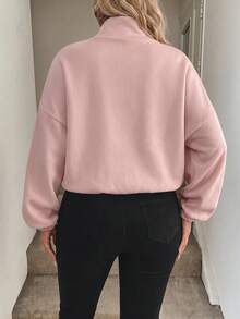 SHEIN Tall CURVE Plus Size Minimalist Zipper Long Sleeve Pocket Drawstring Sweatshirt - Baby Pink - View 6