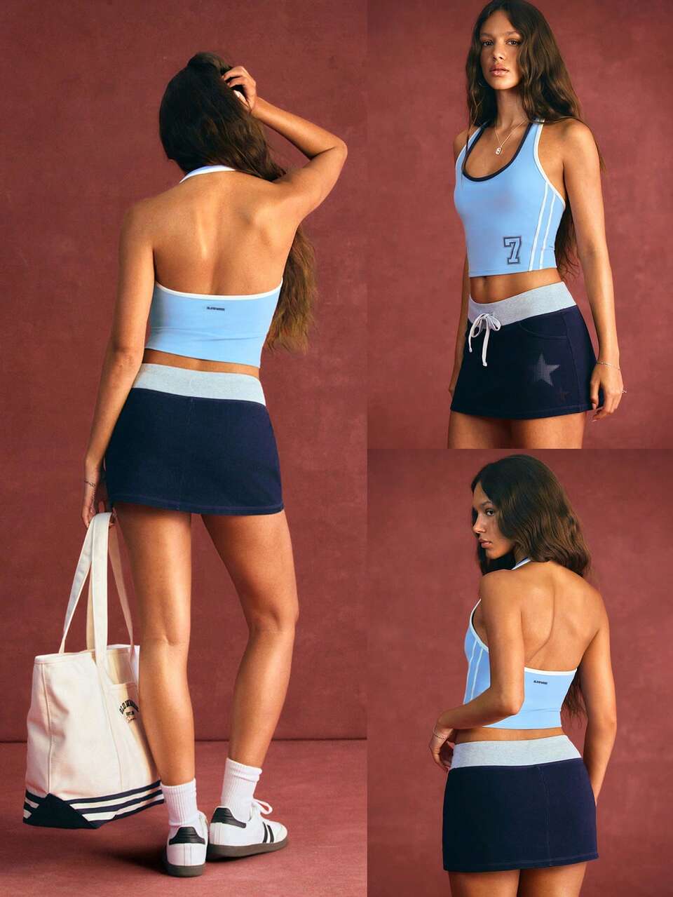 FeatherFit™ PulsePlay Waist-Length Contrast Piping Front Number Graphic Halter Tank Low Impact Yoga Studio Pilates Daily Casual