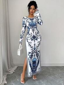 SHEIN Elenzya Women's Blue And White Porcelain Print Fitted Long Sleeve Bodycon Slit Robe, Textured Vintage Style Middle Eastern UAE Abaya - Multicolor - View 6