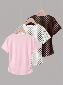 Tween Girls Simple Casual Waist Ruched 3 PiecesSet T-Shirt With Cartoon Pattern, Suitable For Summer - Multicolor - View 2