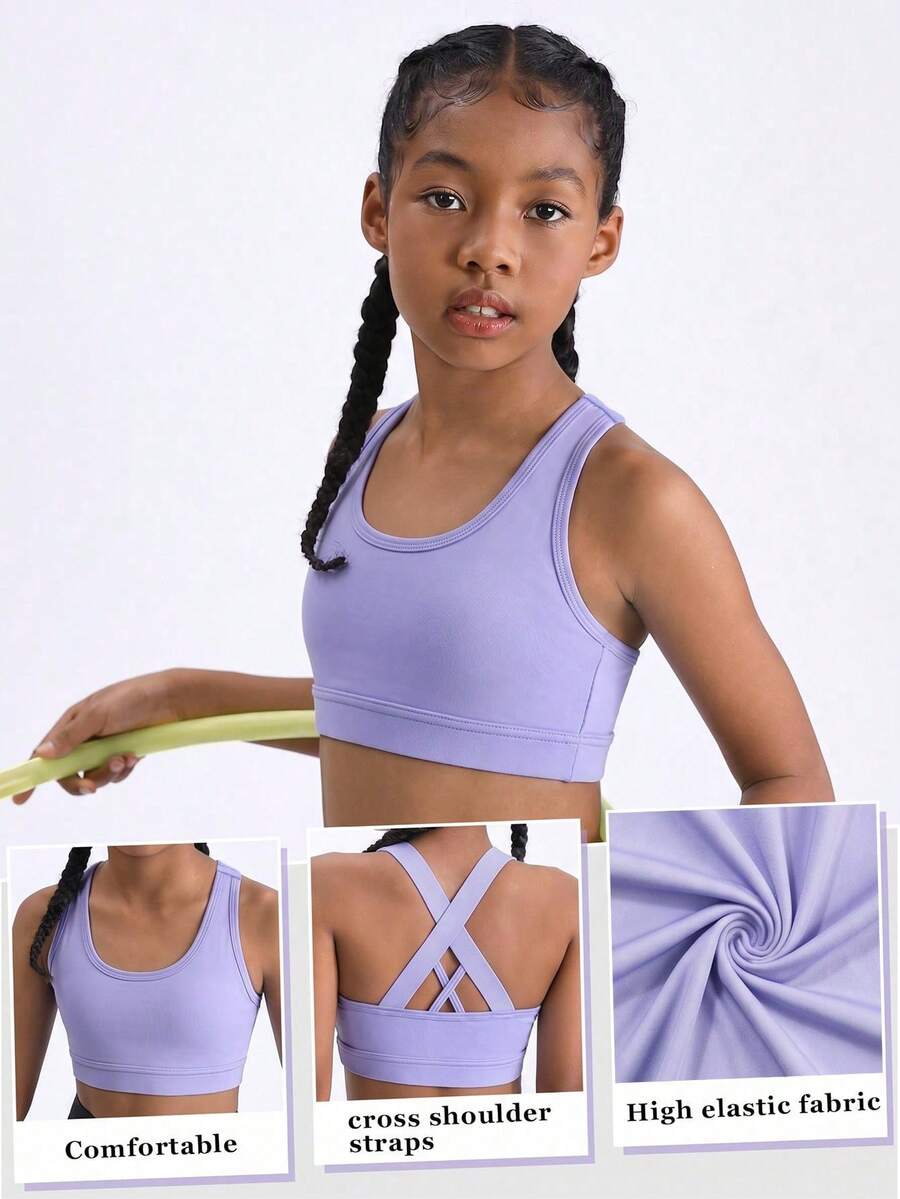 SHEIN 女童淺紫色交叉設計短版純色背心,跑步、健身、跳繩、瑜伽、運動用底層內搭,露背款 - 淡紫色 - 查看 1