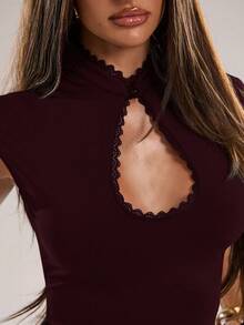 SHEIN BAE 春夏女款休閒度假小立領青蛙鈕扣黑色蕾絲面料背心，適合海灘度假、海邊度假、姐妹休閒度假、日常穿著，黑色半透蕾絲上衣，休閒街頭風 - 紫紅色 - 查看 6