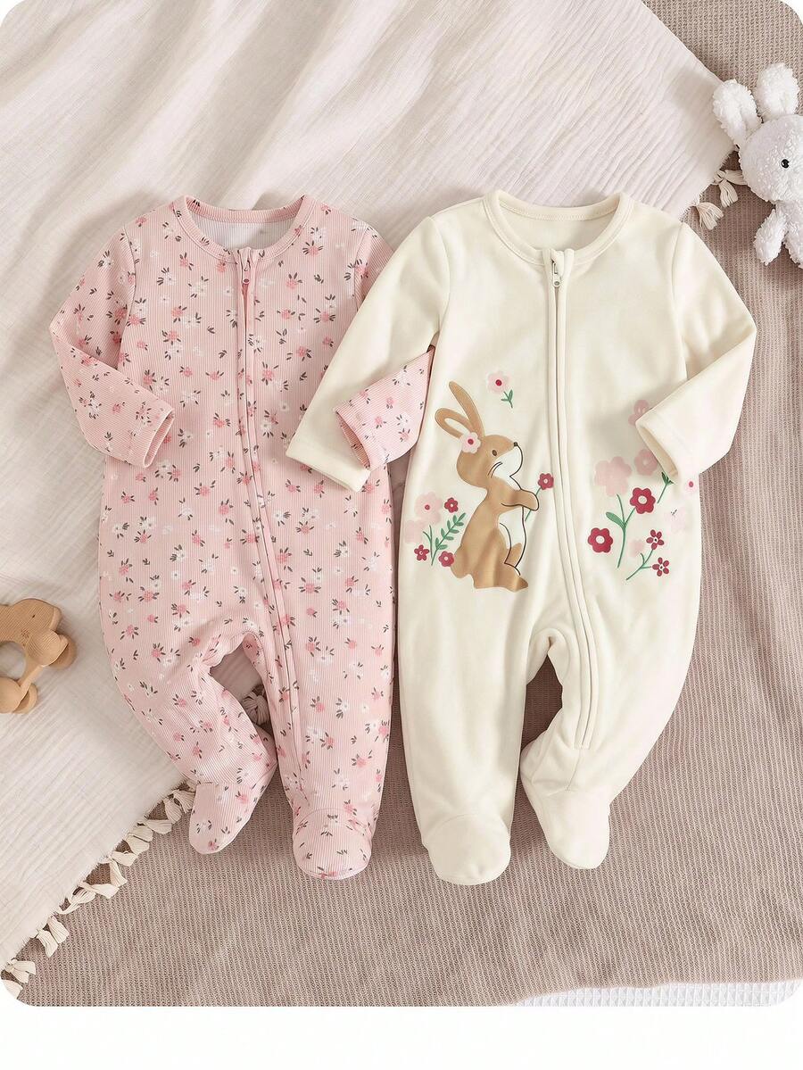SHEIN Babygirl Cute Casual Knit Cartoon Rabbit Pattern Long Sleeve Loungewear Romper 2-Piece Set - Pink - View 1