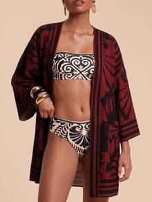 Travachic 女款拼色休閒度假旅行和服式罩衫 - 紅色 - 查看 8