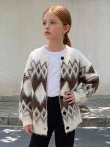 Hapijoa Tween Girl Plaid Loose Fit Autumn Sweater Top, Thick Cardigan, Colorblock Casual Knitwear Winter - Beige - View 3