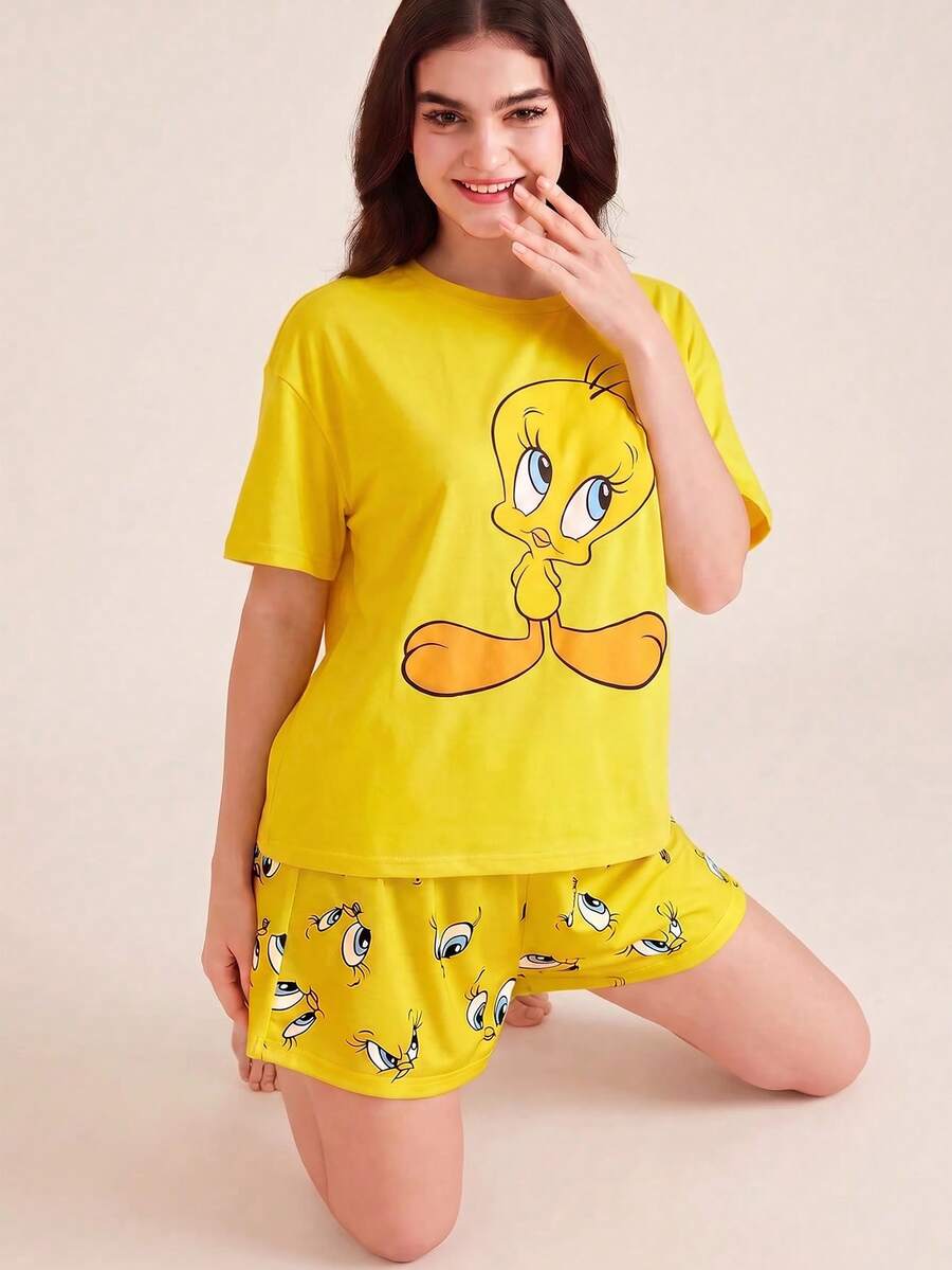 LOONEY TUNES X SHEIN 女款卡通印花短袖T恤與短褲睡衣套裝 - 黃色 - 查看 1
