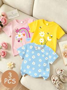 Souflis Souflis 3 PIECE RANDOM 4-7 Years Old Girls Cute & Fresh Rainbow Daisy Bee Print Short Sleeve Tops, Lightweight Casual Wear, School Outfit, Random Pattern - Multicolor - View 4
