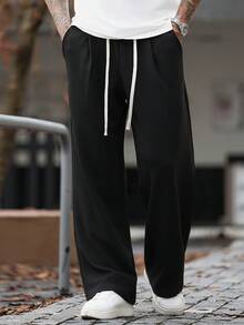 Manfinity CasualCool 男士成熟休閒黑色紋理布料寬鬆直筒運動長褲 - 黑色 - 查看 6
