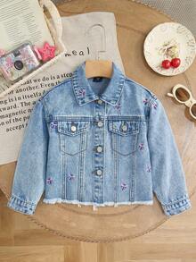 SHEIN 女童秋冬 Y2K 粉色蝴蝶結刺繡藍色牛仔寬鬆夾克，適合女童校服、萬聖節與聖誕節穿搭夾克 - 淺色水洗藍 - 查看 3