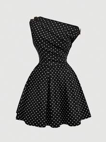 SHEIN MOD 大尺碼女款不對稱單肩黑白休閒連身裙 1920年代優雅 80年代風格 夏季日常 高茶早晨約會晚宴穿搭 - 黑色 - 查看 2