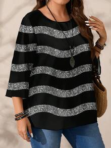 EMERY ROSE Plus Size Women Black Striped Autumn Shirt, Smart Casual Normal All-Over Print Round Neck Loose 3/4 Sleeve Tops, Night Out Club Flower Summer - Multicolor - View 9