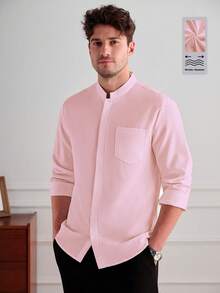 Core Aspect Men's Casual Versatile Solid Color Shirt - Baby Pink - View 4