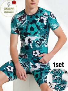 SHEIN 男童足球印花短袖短裤两件套修身睡衣套装 - 藍色 - 查看 1
