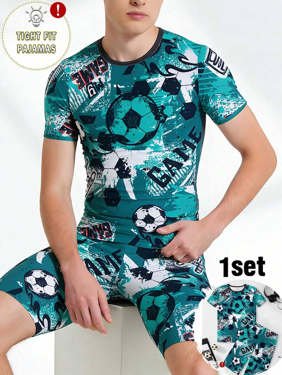 SHEIN 男童足球印花短袖短裤两件套修身睡衣套装 - 藍色 - 查看 1