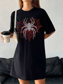 SHEIN EZwear 女款休閒寬鬆圓領短袖短洋裝，適合夏季 - 黑色 - 查看 6