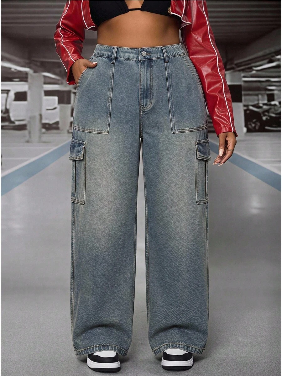 Jeanoix Celana Jeans Denim Kargo Potongan Lurus Tanpa Peregangan Ukuran Plus - Biru - View 1