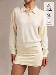 SHEIN BASICS Women's Cream White Polo Collar Long Sleeve Casual Top Cotton Going Out Everyday Travel Everyday Home School Graduation College Outfits Autumn - Light Yellow - View 1